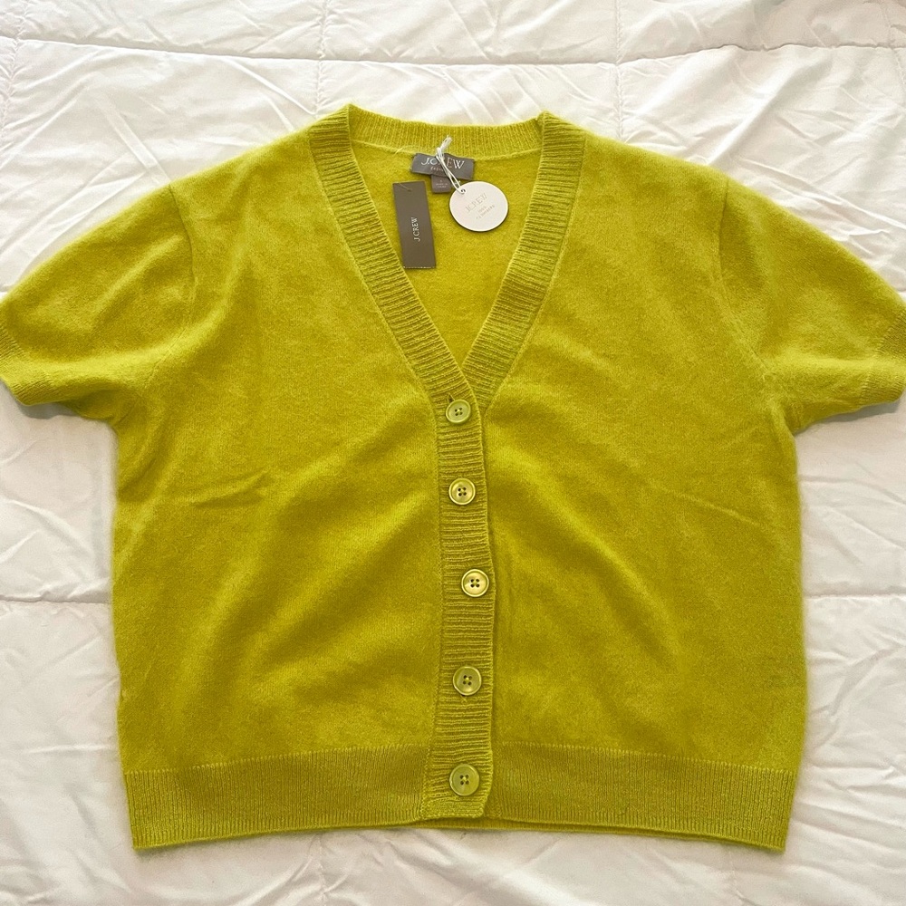 J. Crew Fuzzy V-Neck Short Sleeve Cardigan - Neon Lime - Picture 4 of 7